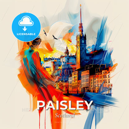 Vibrant Paisley, Scotland - A Woman Looking At A City - Square format print template