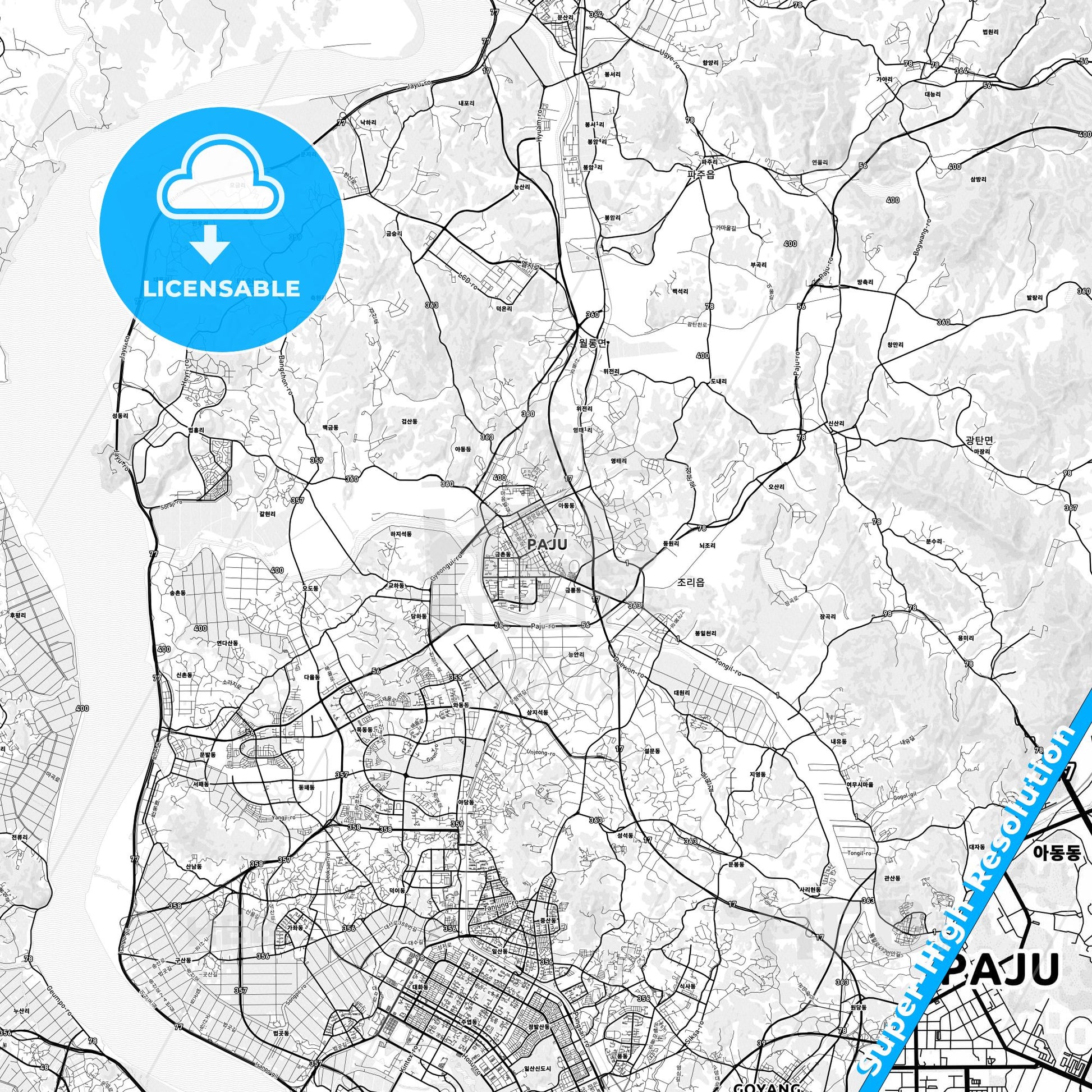 Paju, South Korea light map with streetnames, citynames and districts