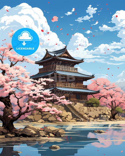Colorful Korean Artwork of a Building on a Hill with Pink Trees and Water