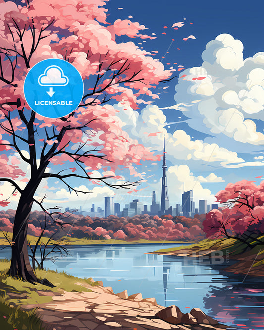 Paju South Korea Skyline Impressionistic Art Pink Trees Riverfront Painting