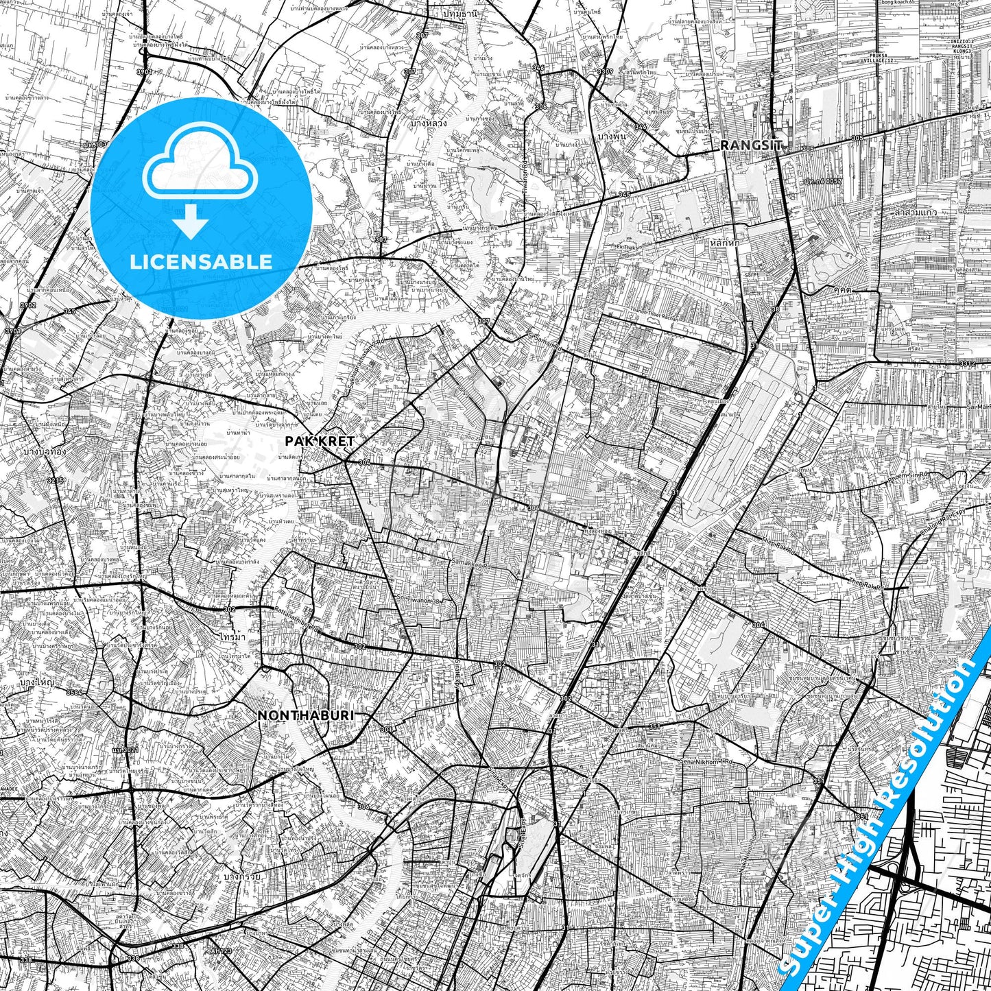 Pak Kret, Thailand light map with streetnames, citynames and districts