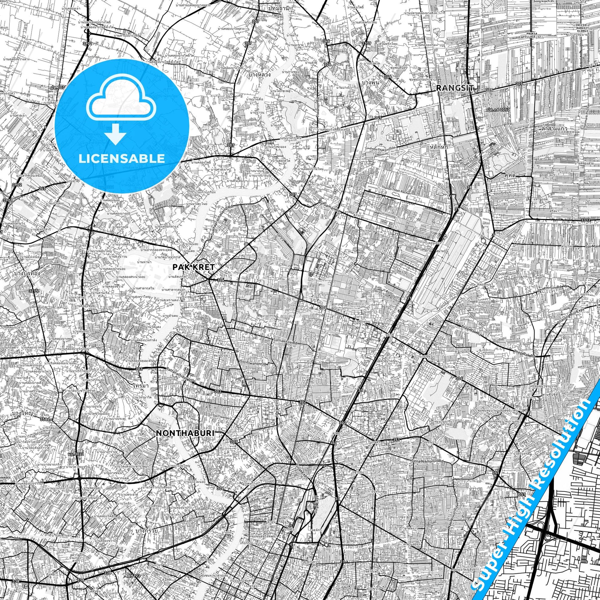 Pak Kret, Thailand light map with streetnames, citynames and districts