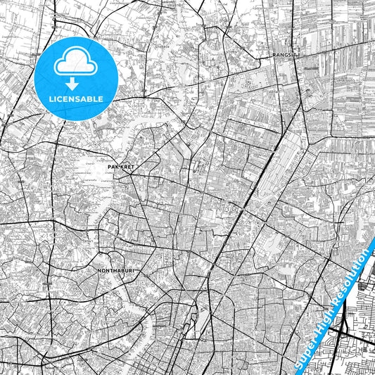Pak Kret, Thailand light map with streetnames, citynames and districts