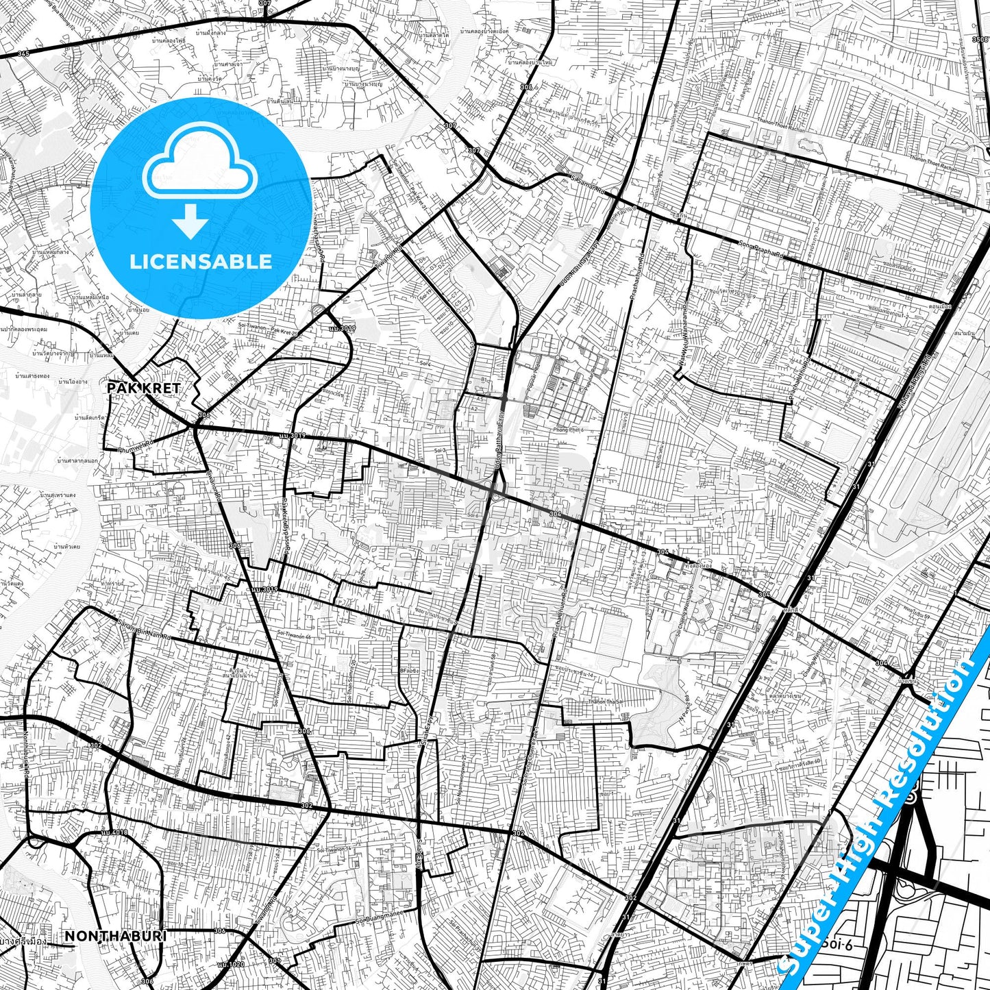 Pak Kret, Thailand Light Map with Street Names, City Names, and Districts