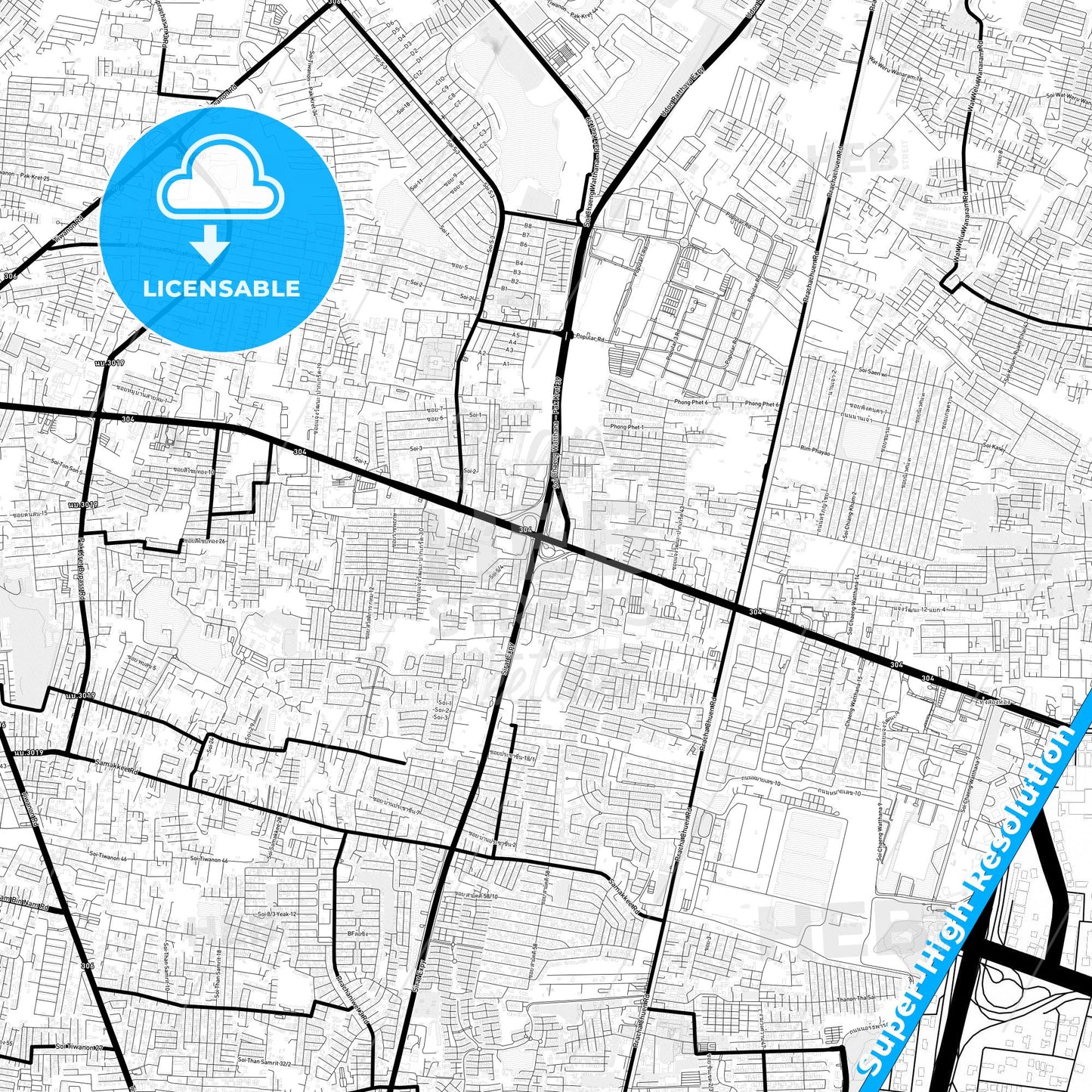 Pak Kret, Thailand Light Map with Street Names, City Names, and Districts