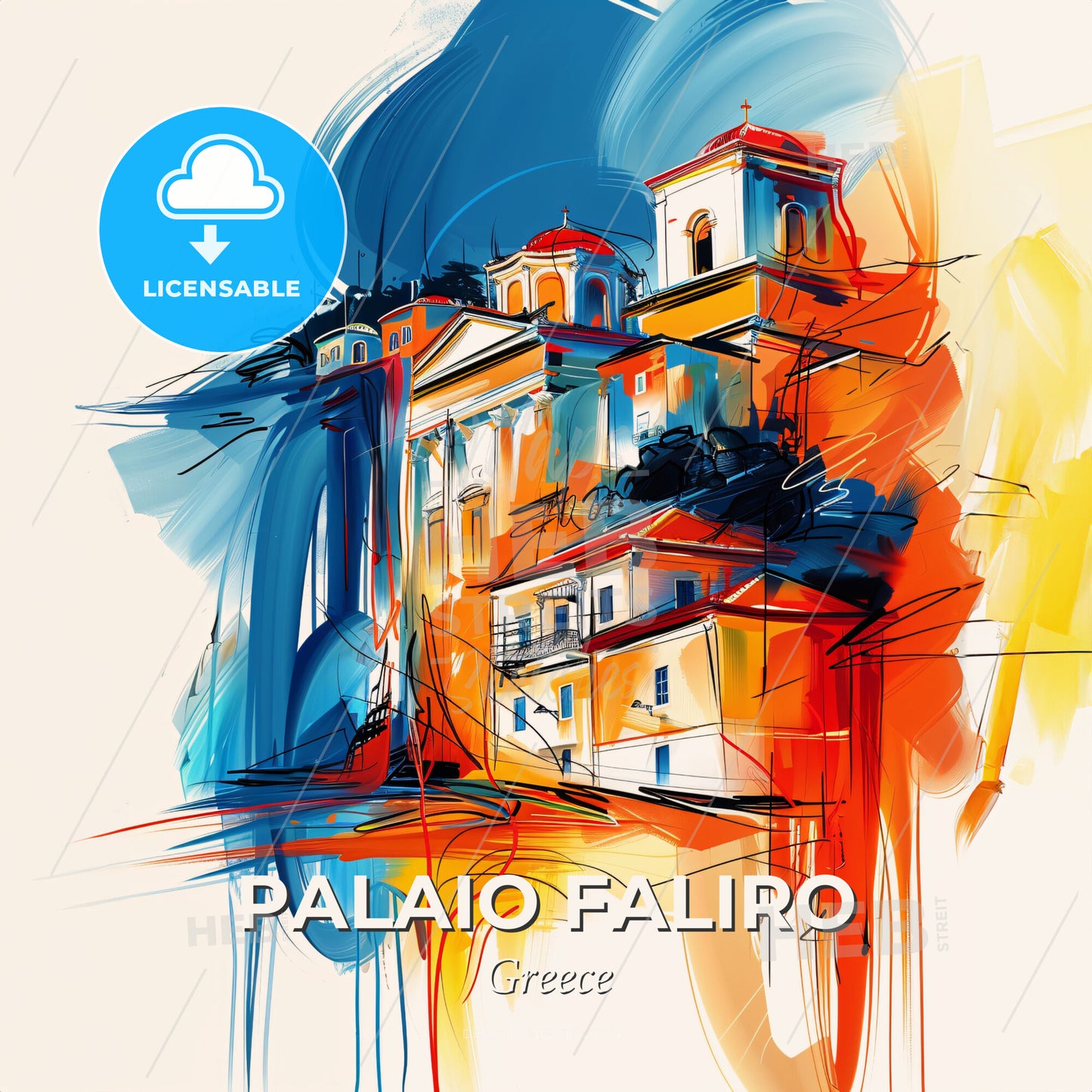 Vibrant Palaio Faliro, Greece - A Painting Of A Building - Square format print template