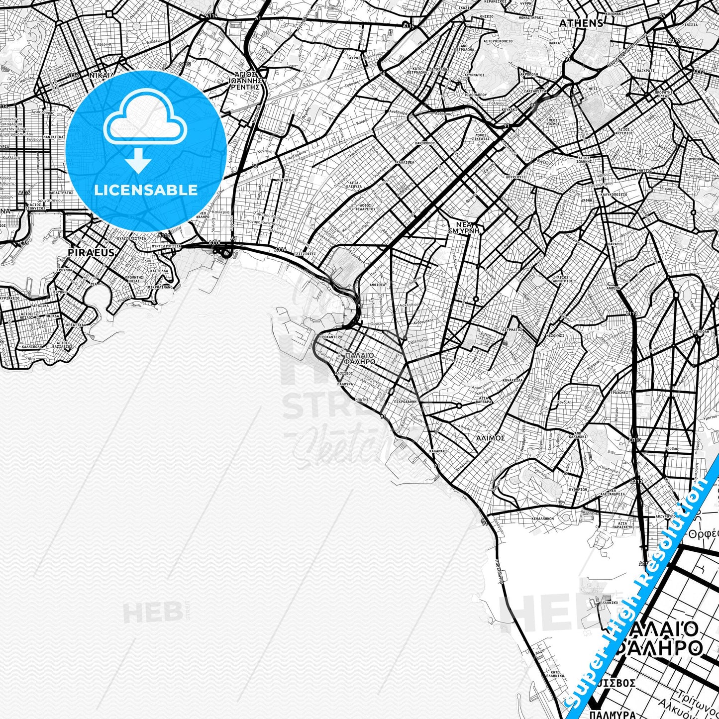 Palaio Faliro, Greece Light Map with Street Names, City Names, and Districts