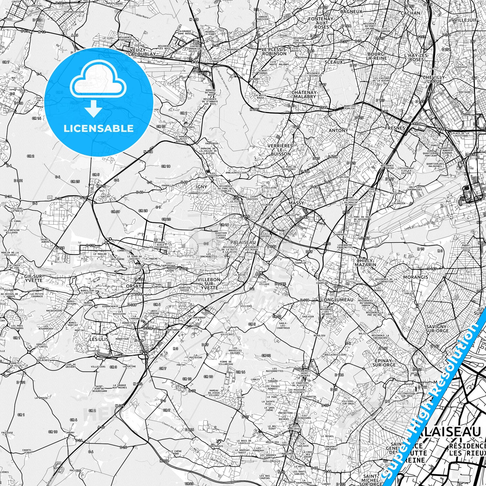 Palaiseau, France light map with streetnames, citynames and districts