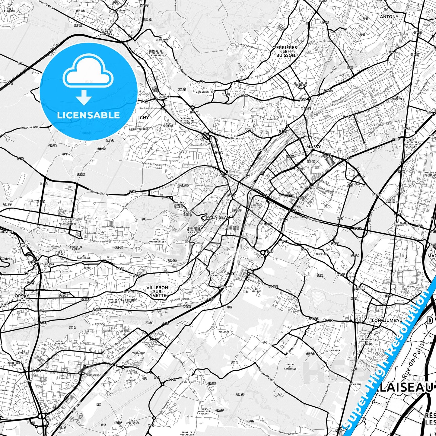 Palaiseau, France Light Map with Street Names, City Names, and Districts