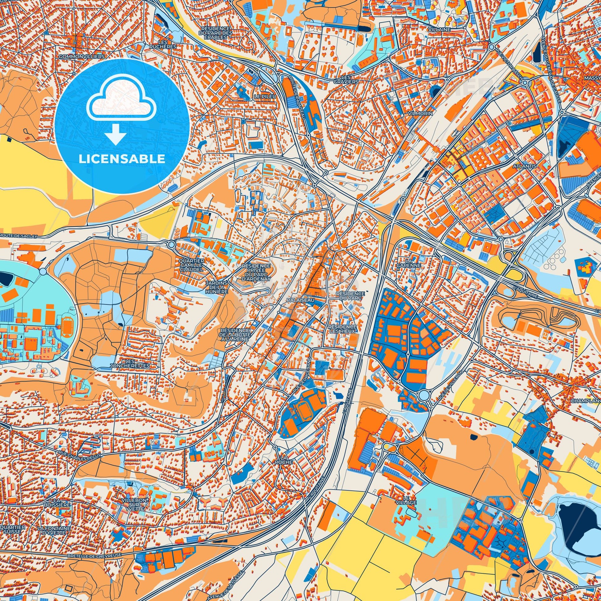 Colorful Palaiseau Street Map with Labels and Buildings