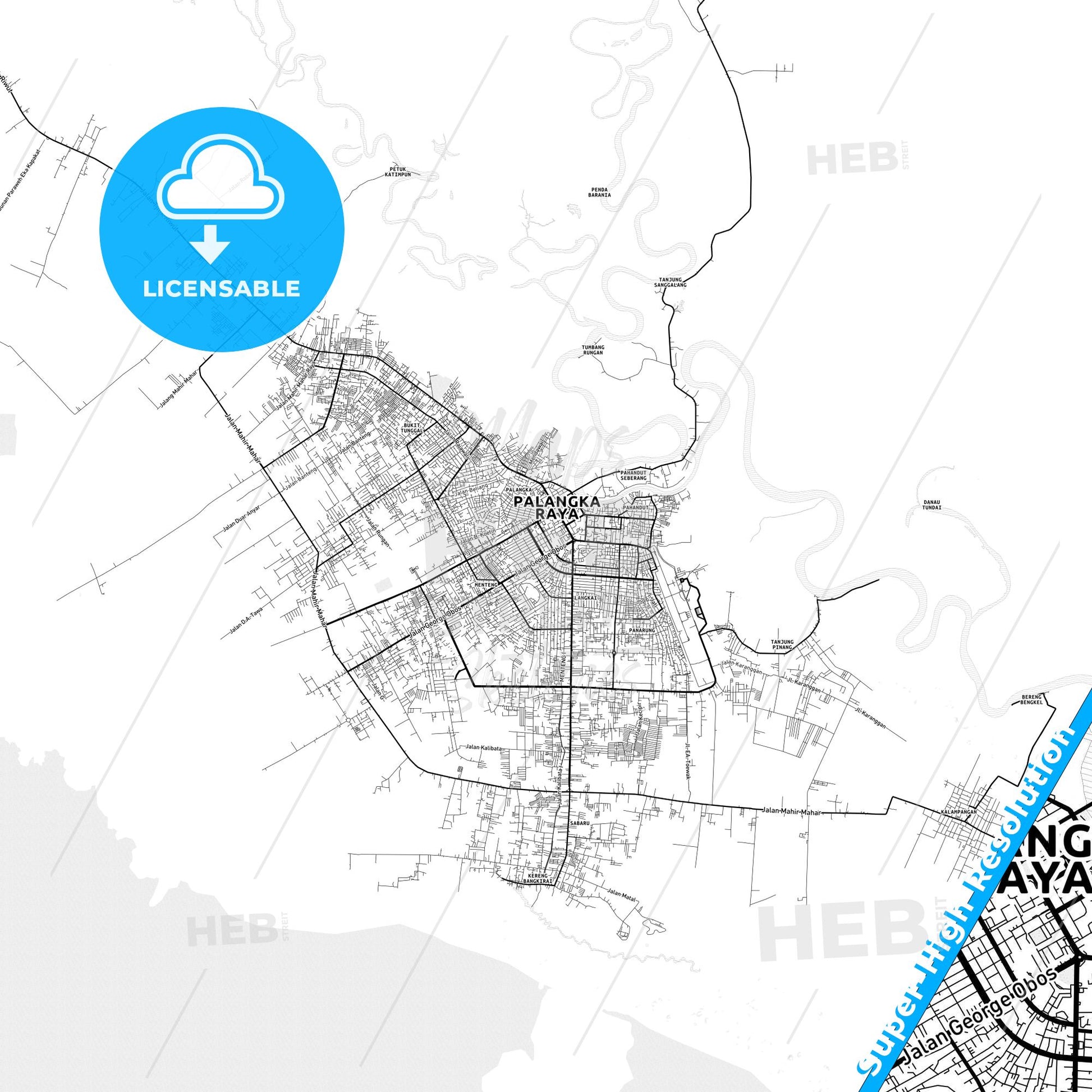 Palangka Raya, Indonesia light map with streetnames, citynames and districts