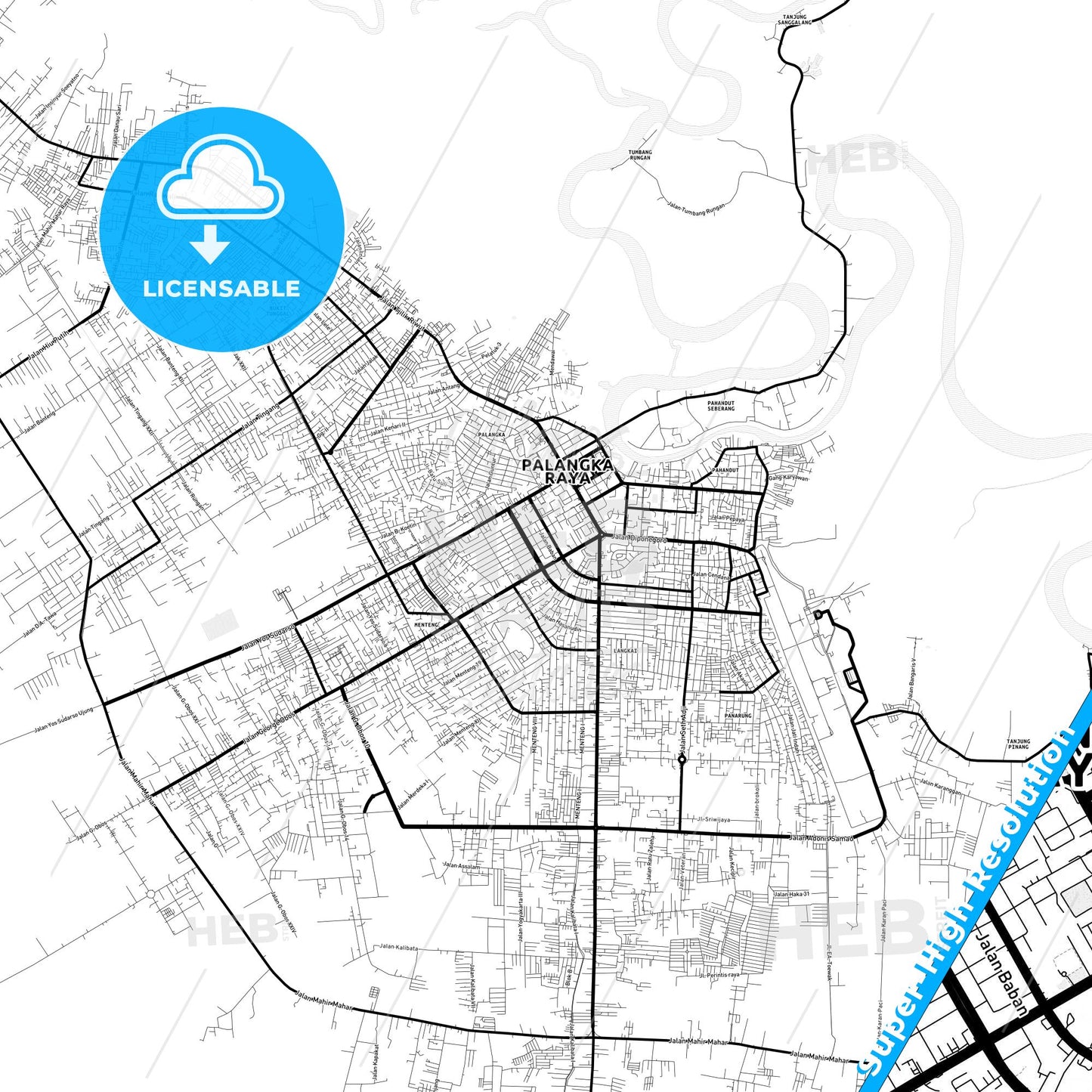 Palangka Raya, Indonesia Light Map with Street Names, City Names, and Districts