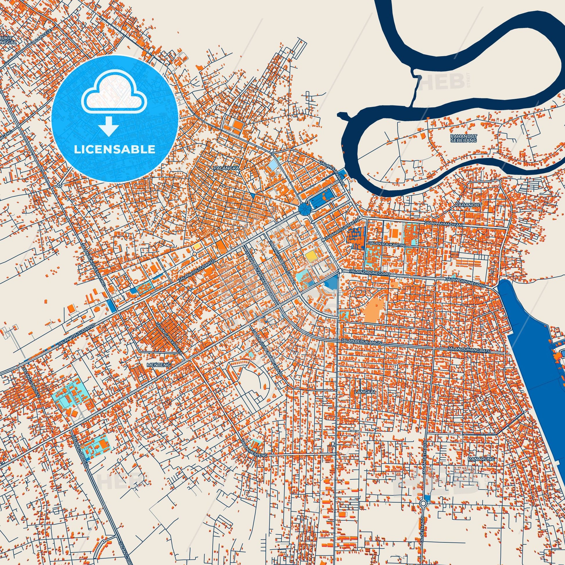 Colorful Palangka Raya Street Map with Labels and Buildings