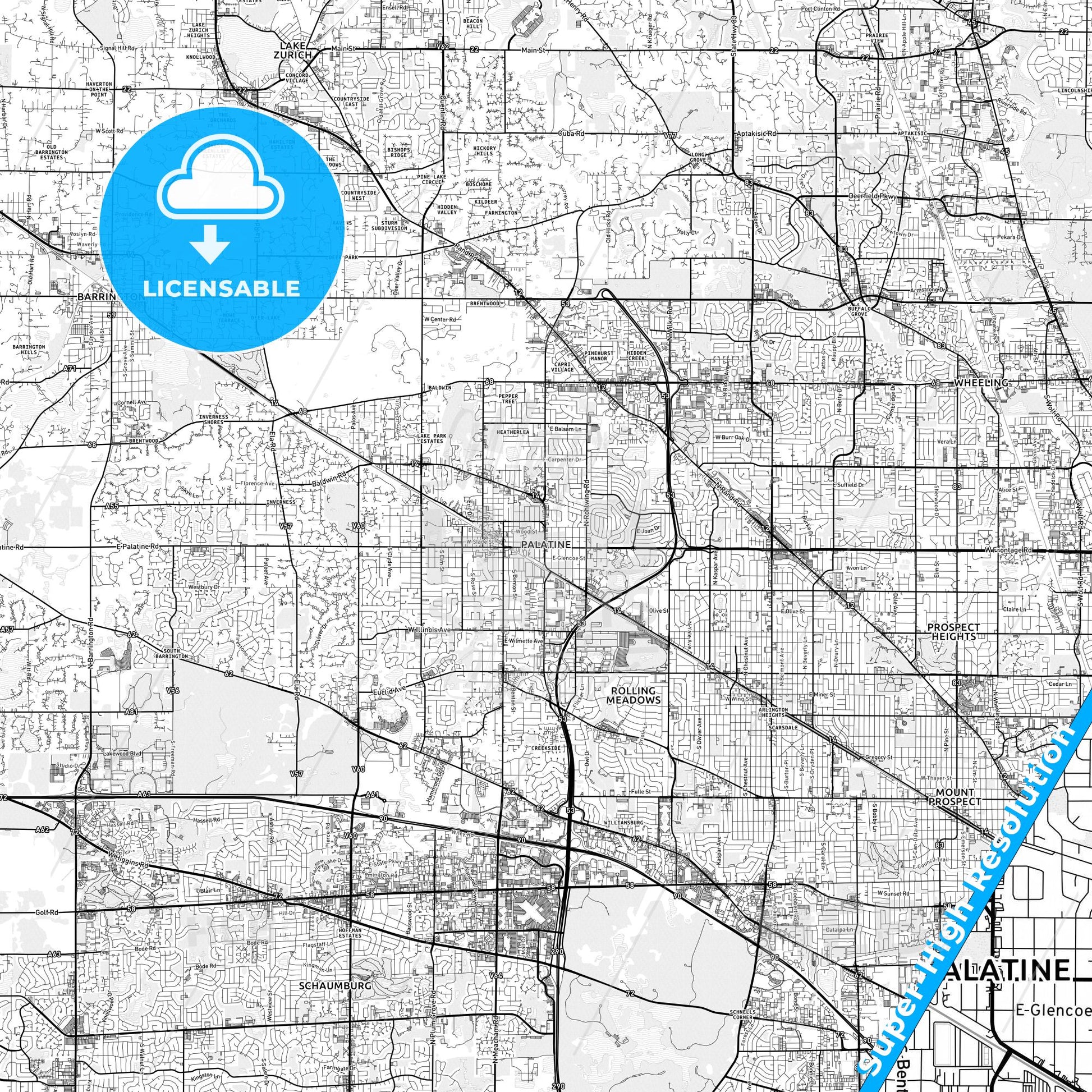Palatine, Illinois light map with streetnames, citynames and districts