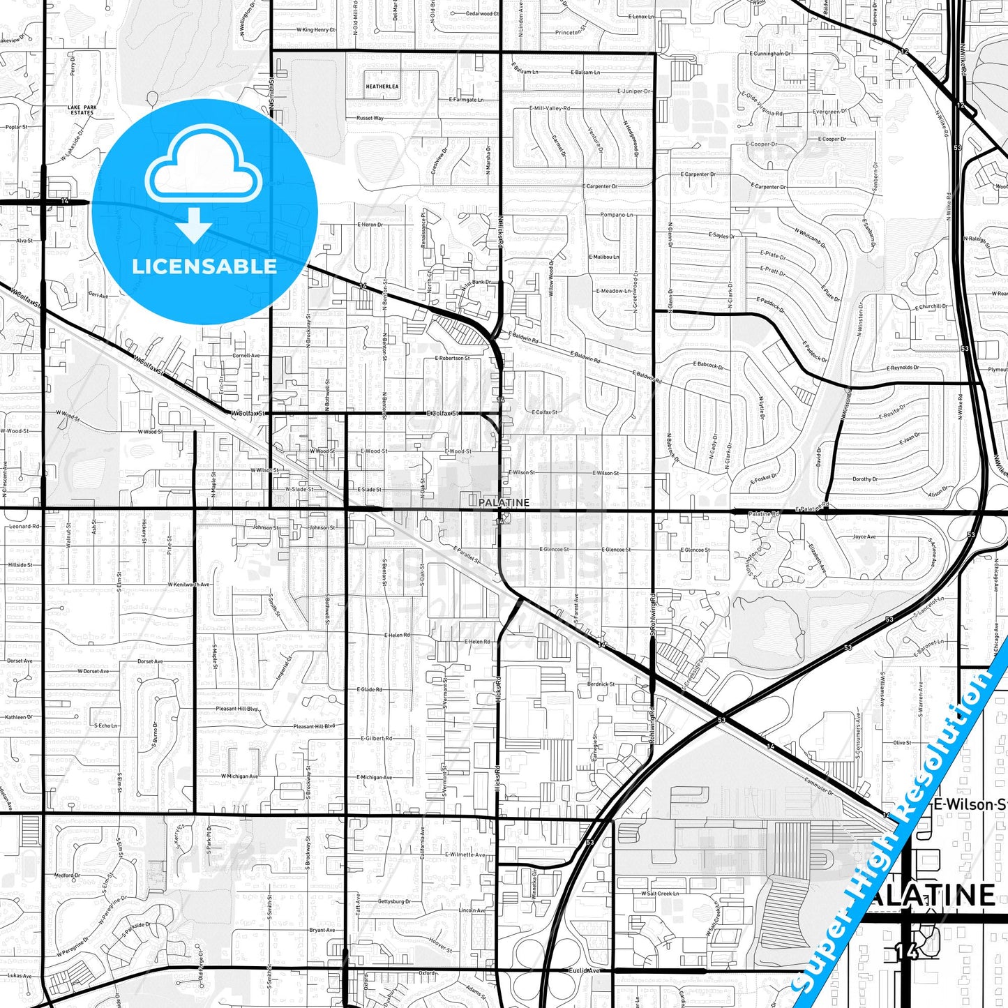 Palatine, Illinois Light Map with Street Names, City Names, and Districts