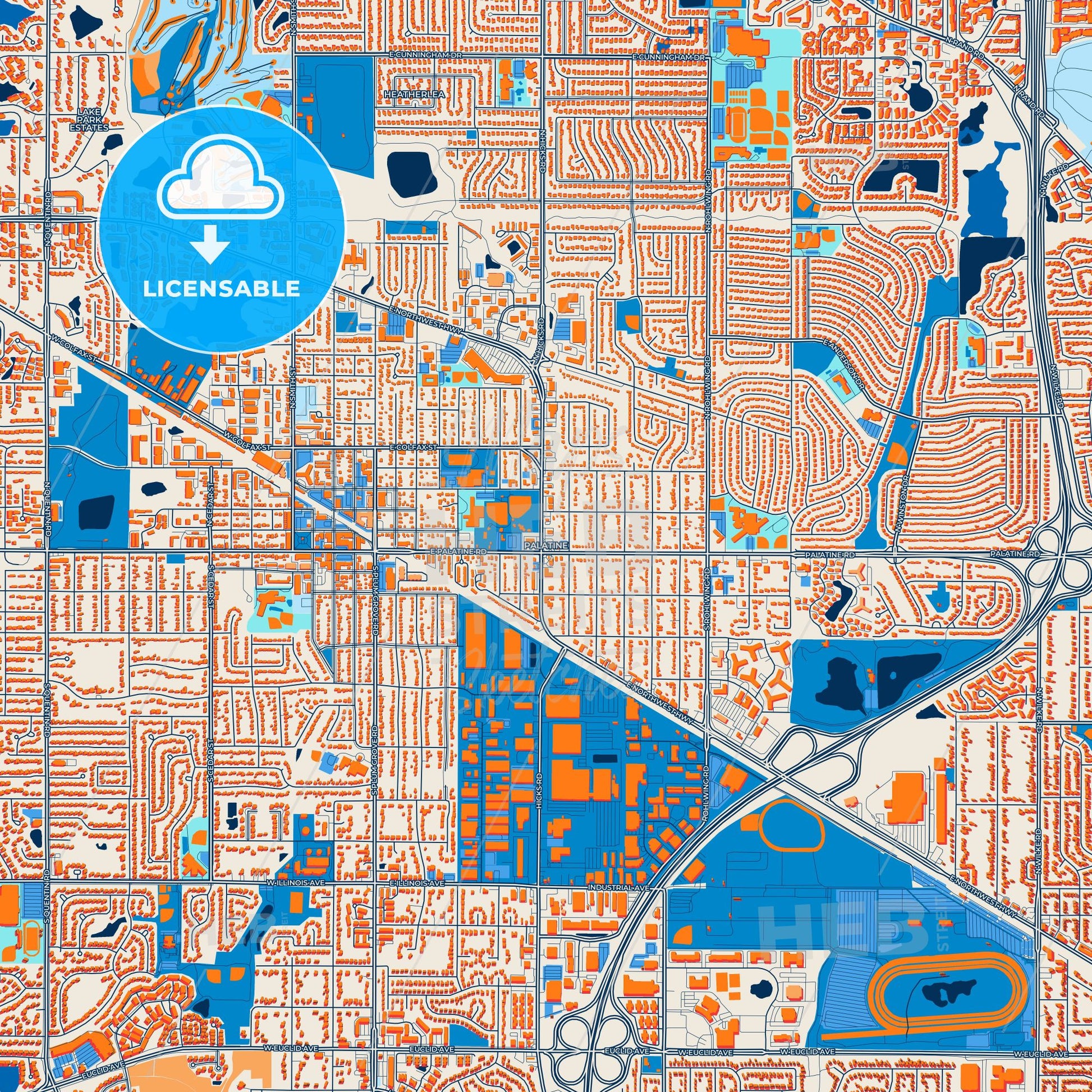 Colorful Palatine Street Map with Labels and Buildings