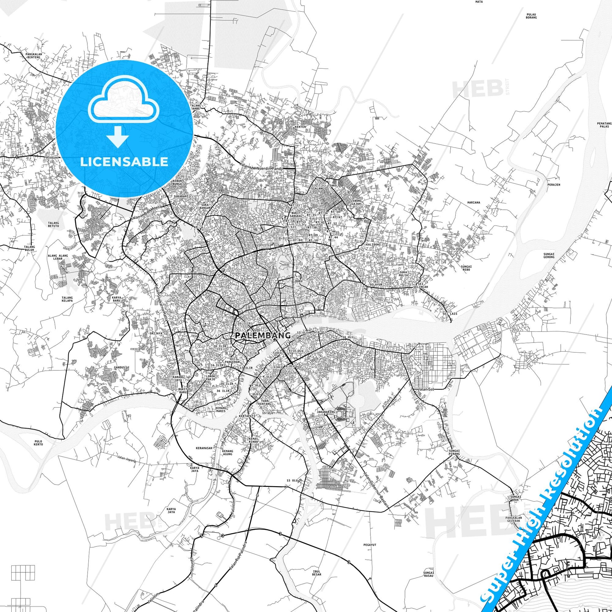 Palembang, Indonesia light map with streetnames, citynames and districts