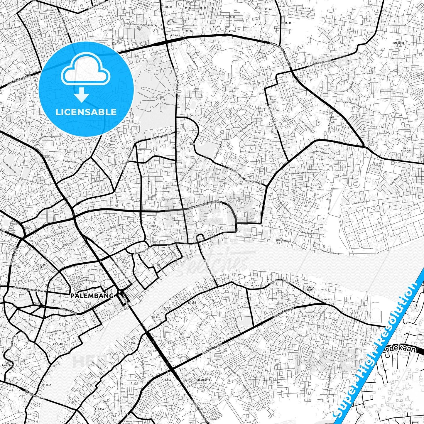 Palembang, Indonesia Light Map with Street Names, City Names, and Districts
