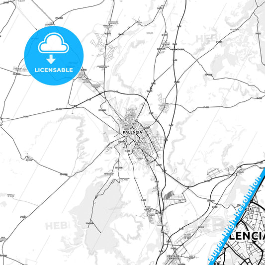 Palencia, Spain light map with streetnames, citynames and districts