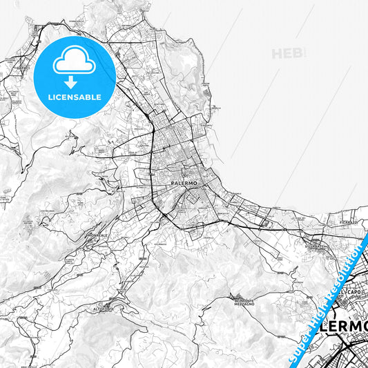 Palermo, Italy light map with streetnames, citynames and districts