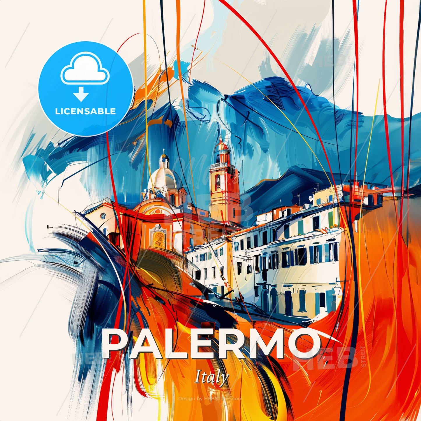 Vibrant Palermo , Italy - A Painting Of A Building With A Dome And A Mountain In The Background - Square format print template