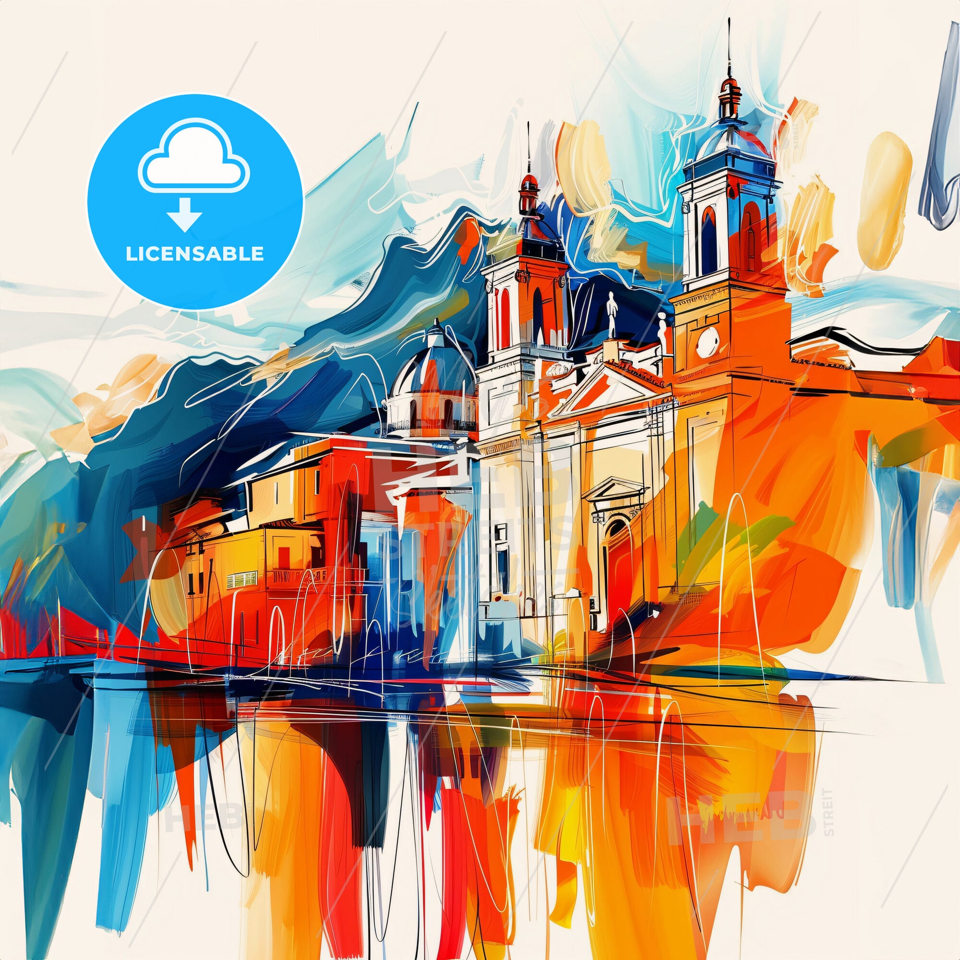 Vibrant Palermo , Italy - A Painting Of A Building With Towers And A Mountain In The Background