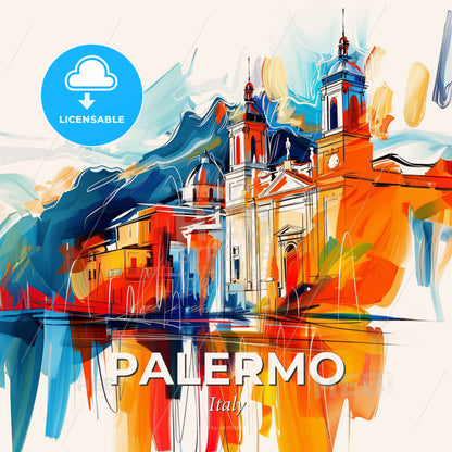 Vibrant Palermo , Italy - A Painting Of A Building With Towers And A Mountain In The Background - Square format print template