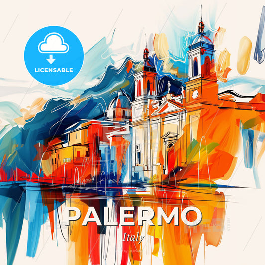 Vibrant Palermo , Italy - A Painting Of A Building With Towers And A Mountain In The Background - Square format print template