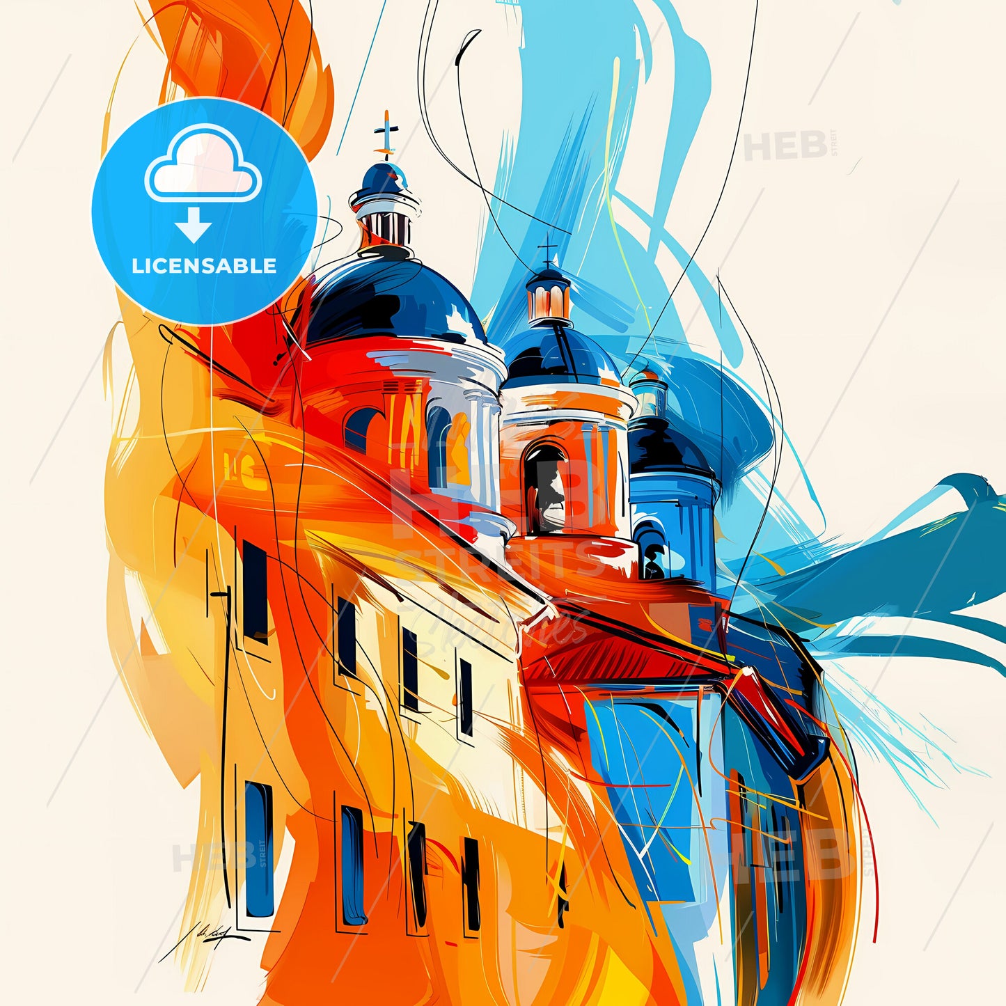 Vibrant Palm Bay, Florida - A Painting Of A Building With A Blue And Orange Roof