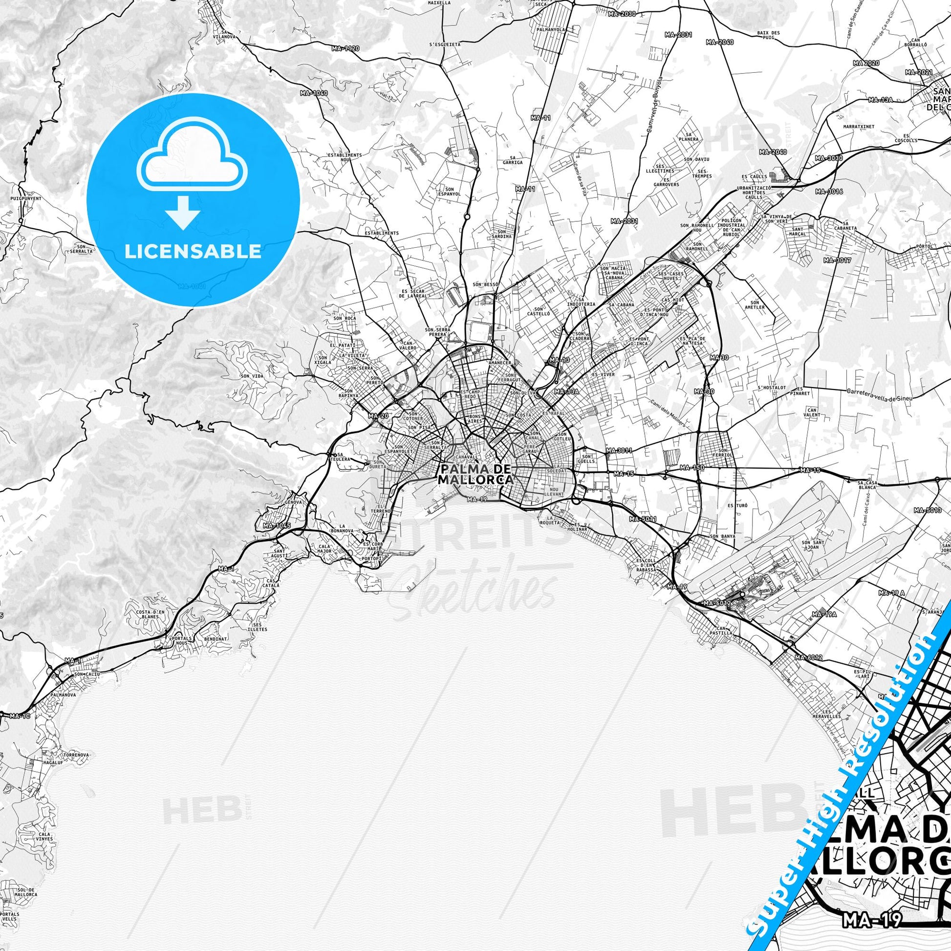 Palma, Spain light map with streetnames, citynames and districts