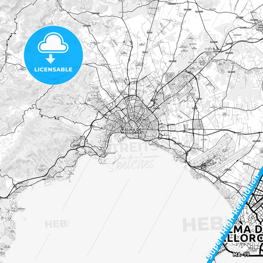 Palma, Spain light map with streetnames, citynames and districts