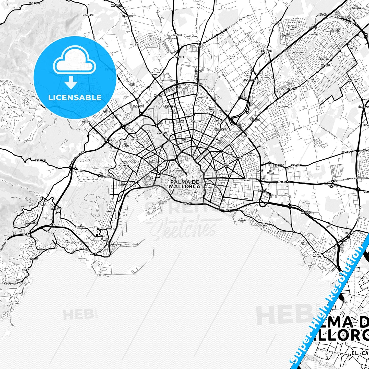 Palma, Spain Light Map with Street Names, City Names, and Districts