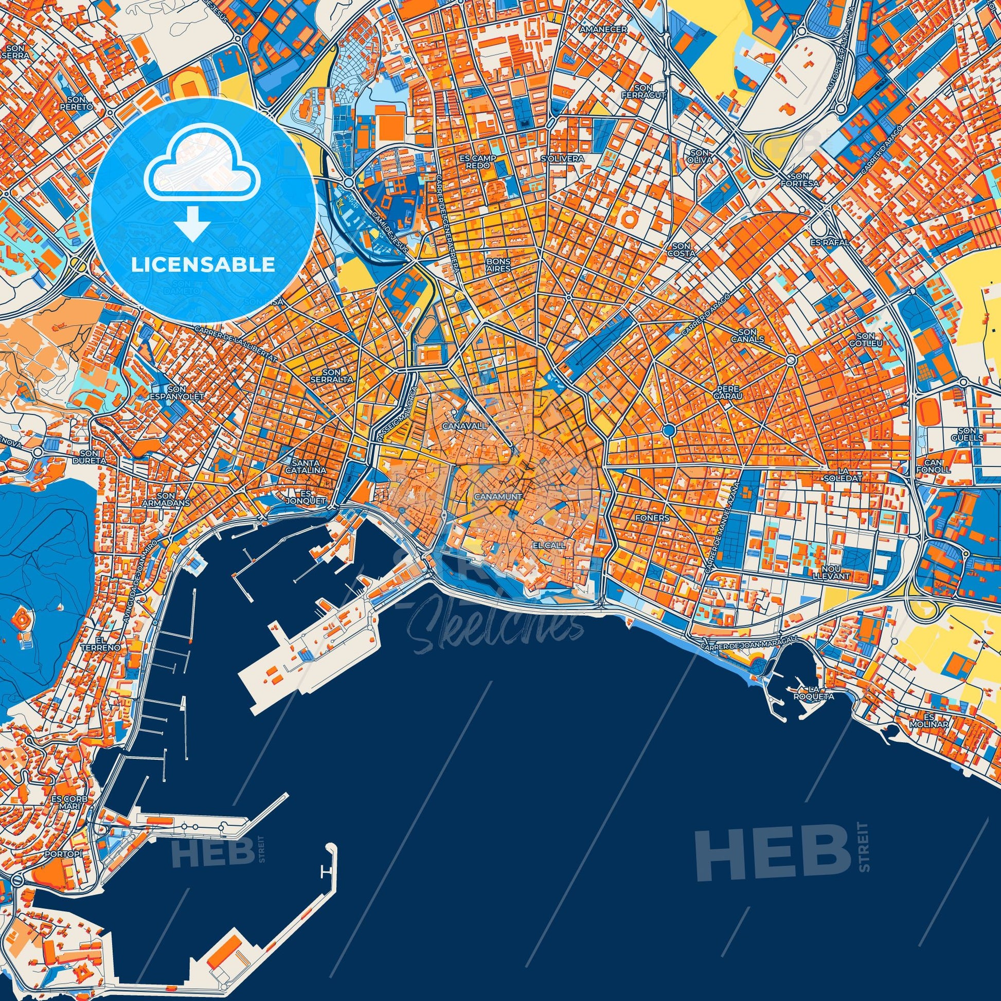 Colorful Palma Street Map with Labels and Buildings