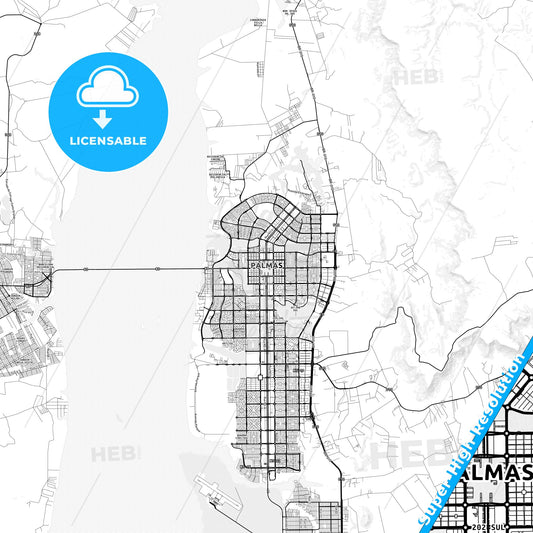 Palmas, Brazil light map with streetnames, citynames and districts