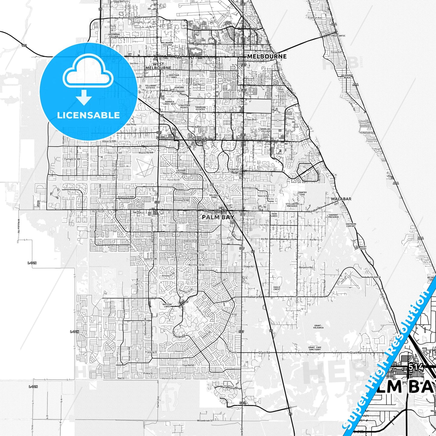 Palm Bay, Florida light map with streetnames, citynames and districts