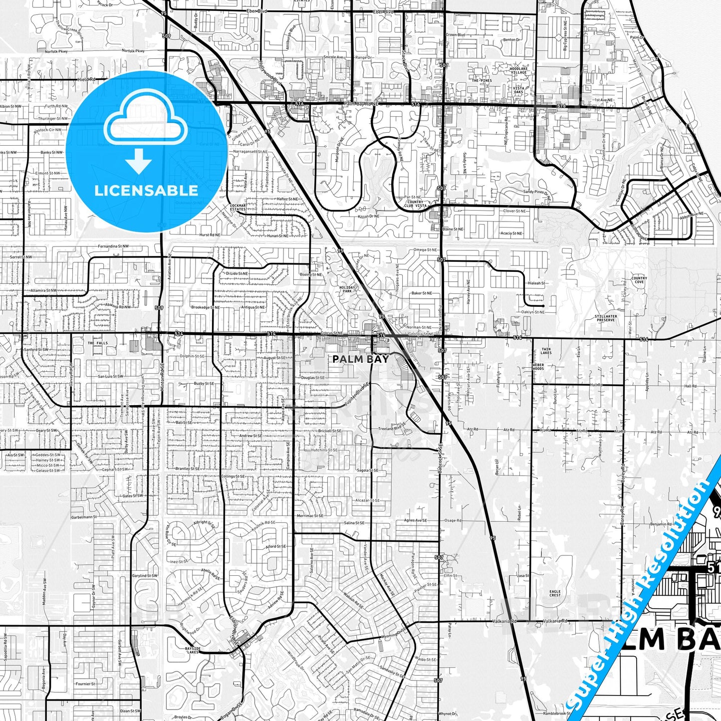Palm Bay, Florida Light Map with Street Names, City Names, and Districts