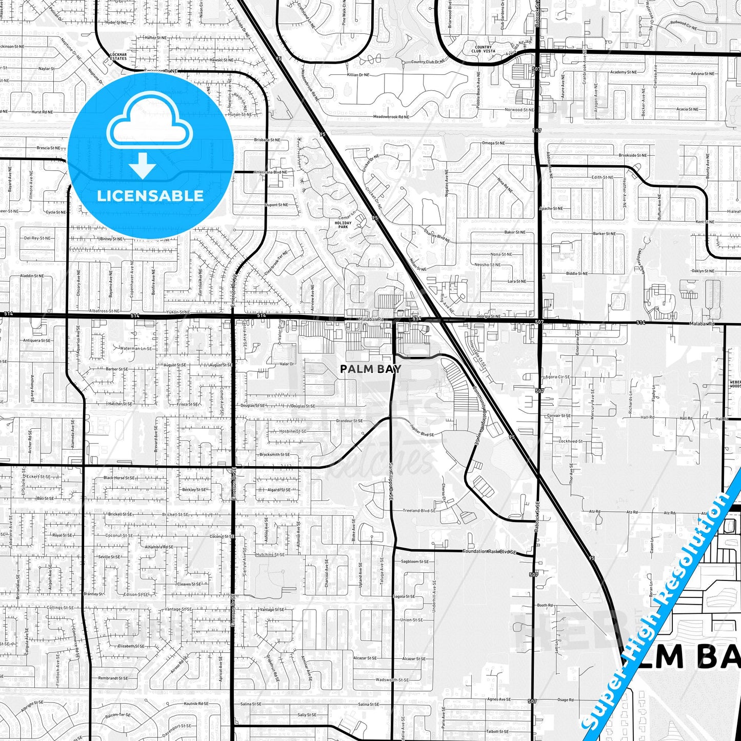 Palm Bay, Florida Light Map with Street Names, City Names, and Districts