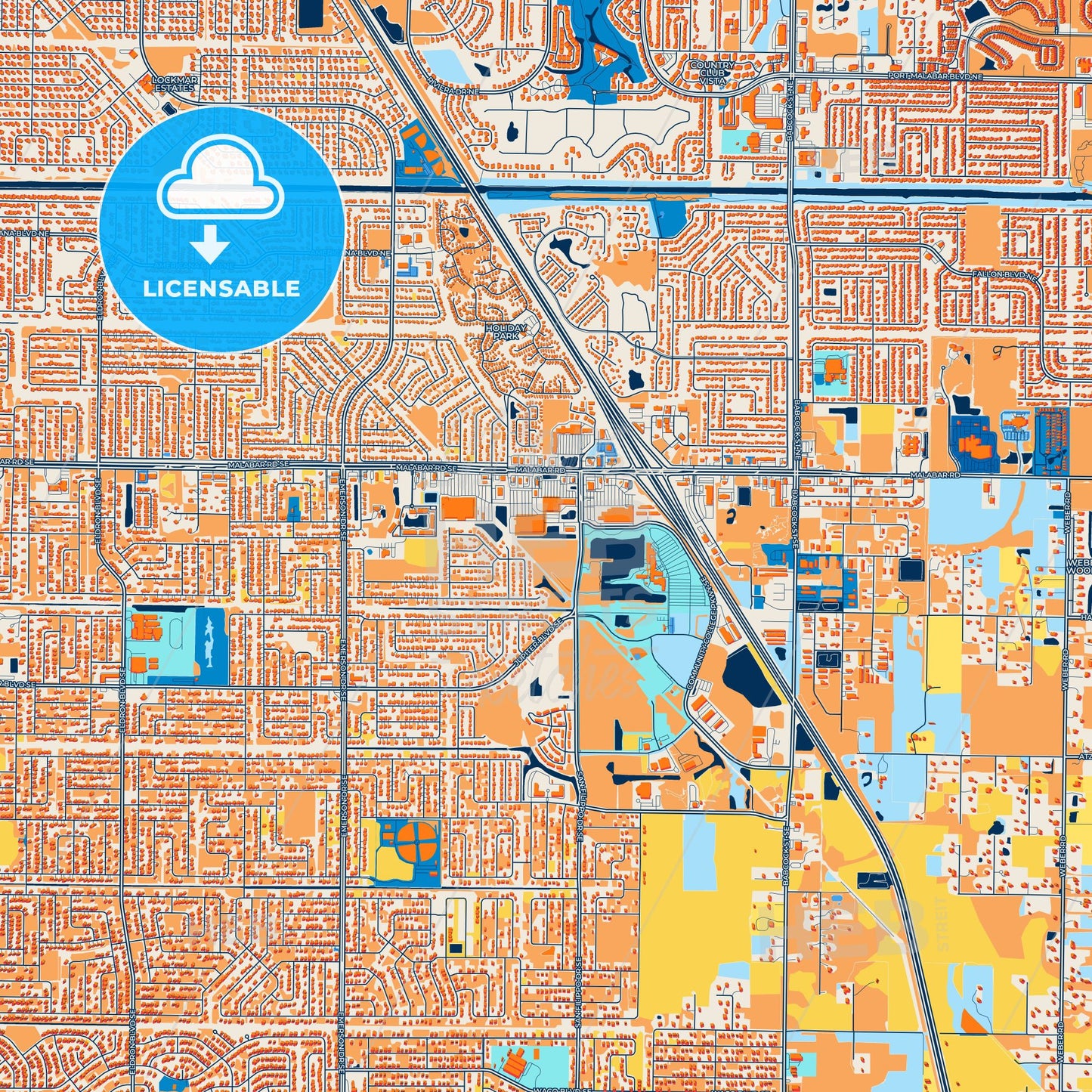 Colorful Palm Bay Street Map with Labels and Buildings