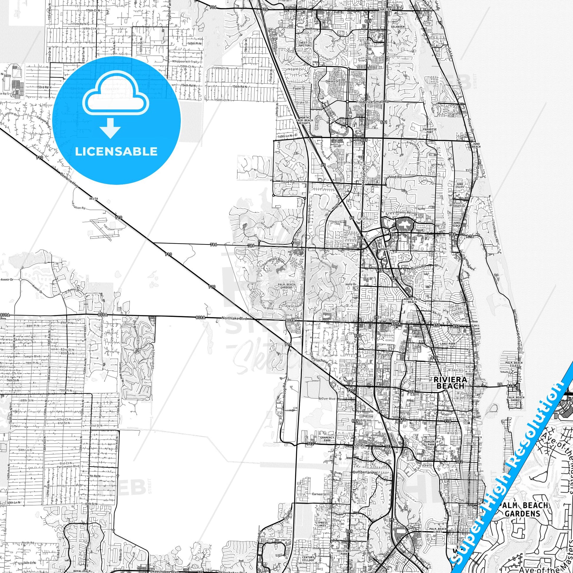 Palm Beach Gardens, Florida light map with streetnames, citynames and districts