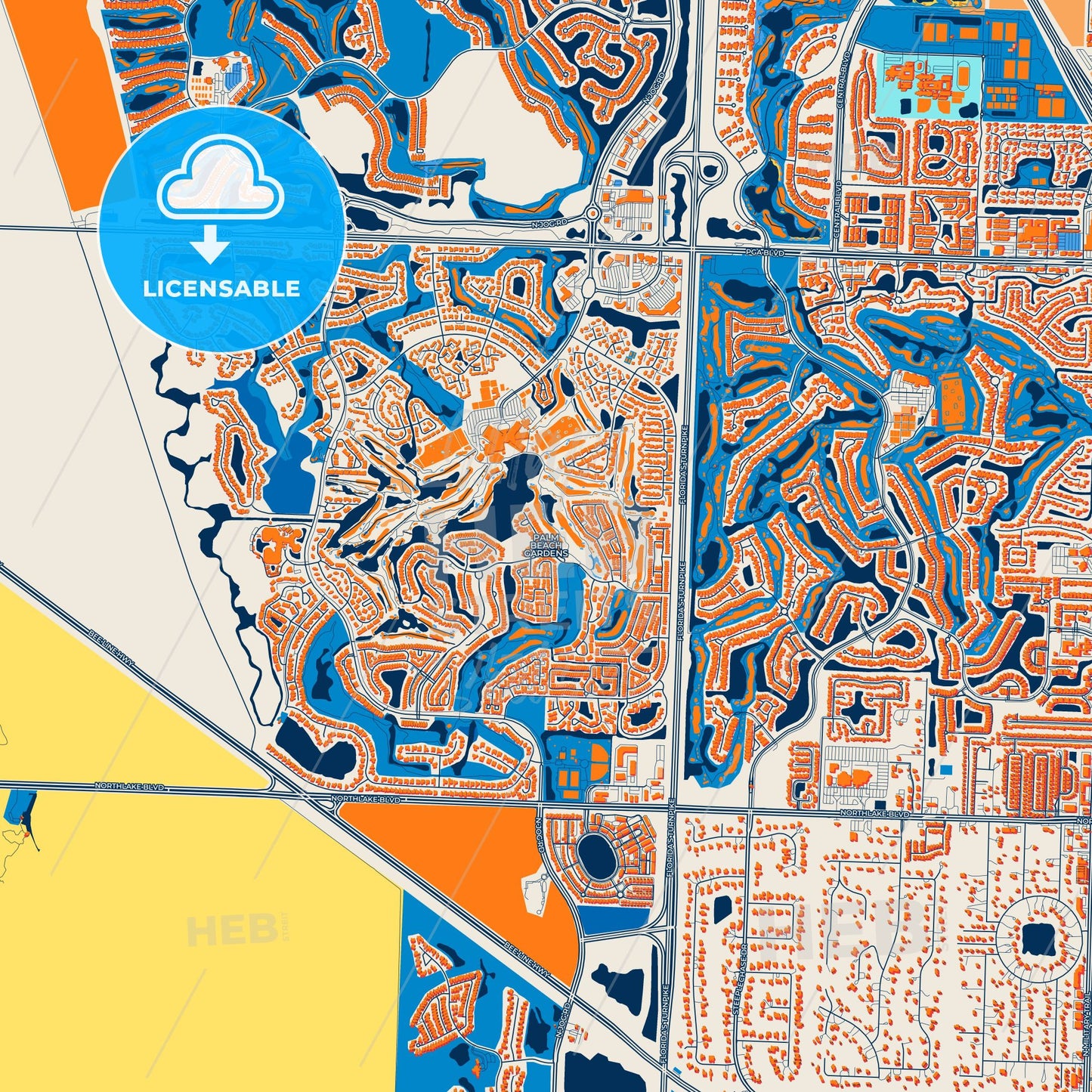 Colorful Palm Beach Gardens Street Map with Labels and Buildings