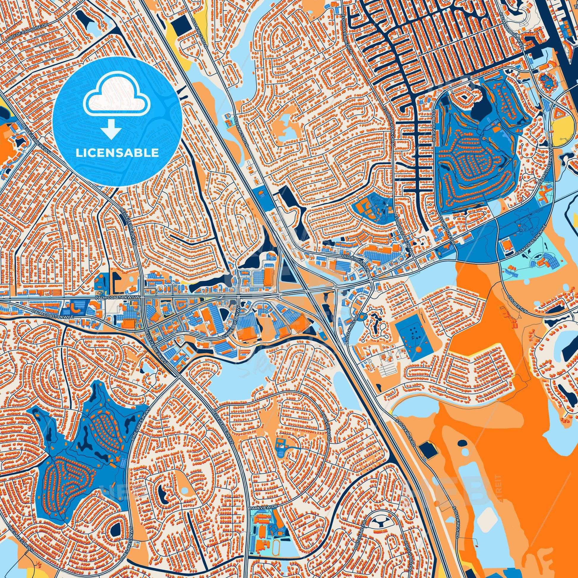 Colorful Palm Coast Street Map with Labels and Buildings
