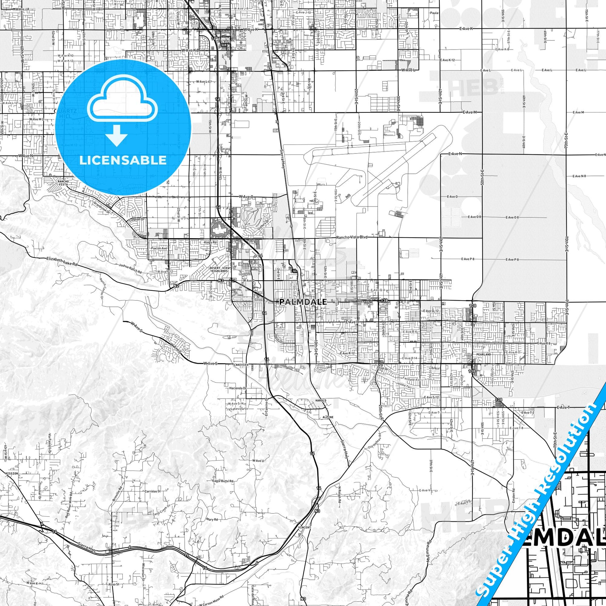 Palmdale, California light map with streetnames, citynames and districts