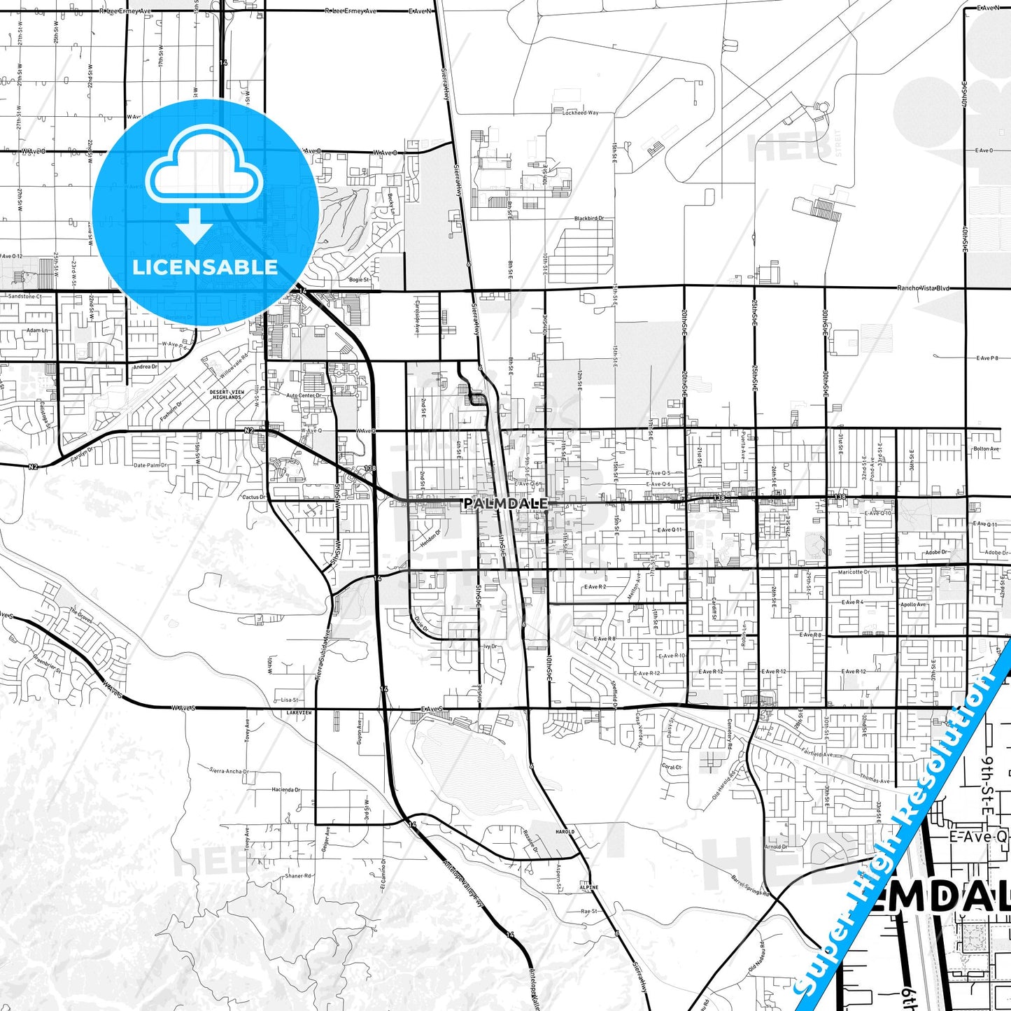 Palmdale, California Light Map with Street Names, City Names, and Districts
