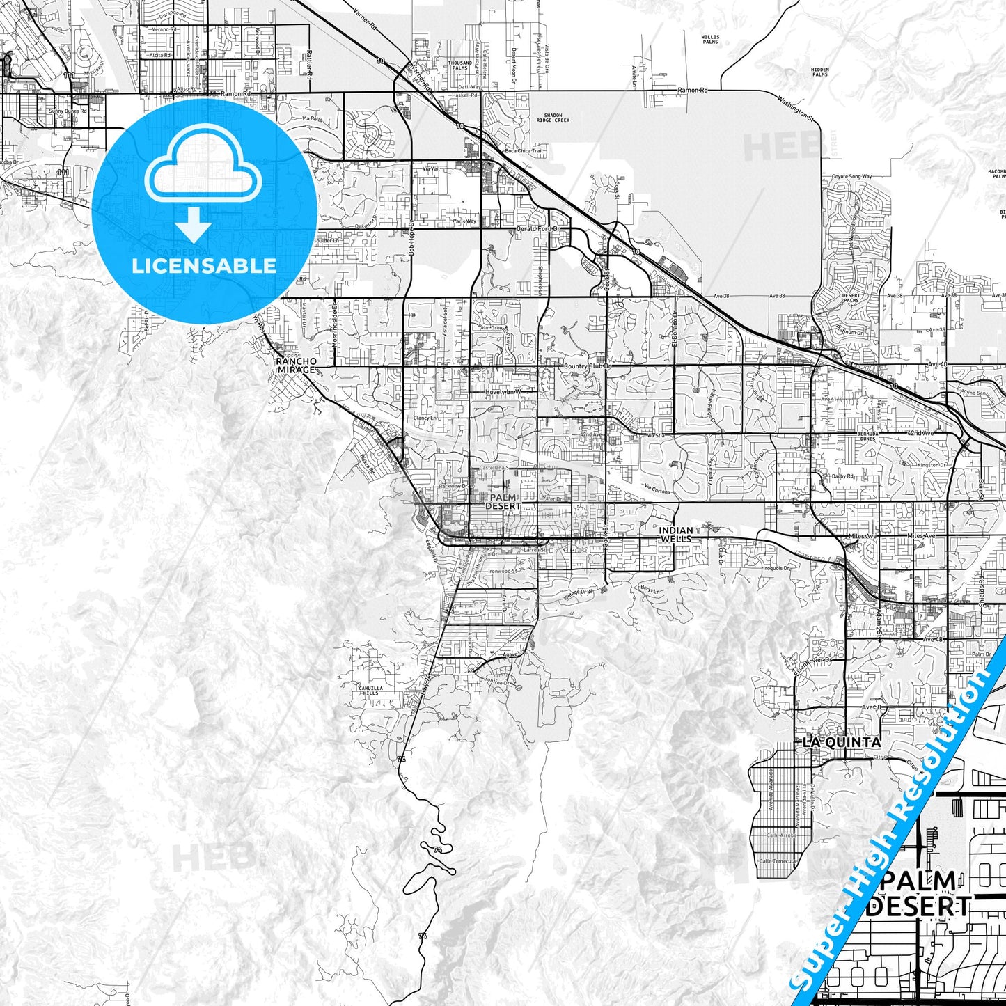 Palm Desert, California light map with streetnames, citynames and districts