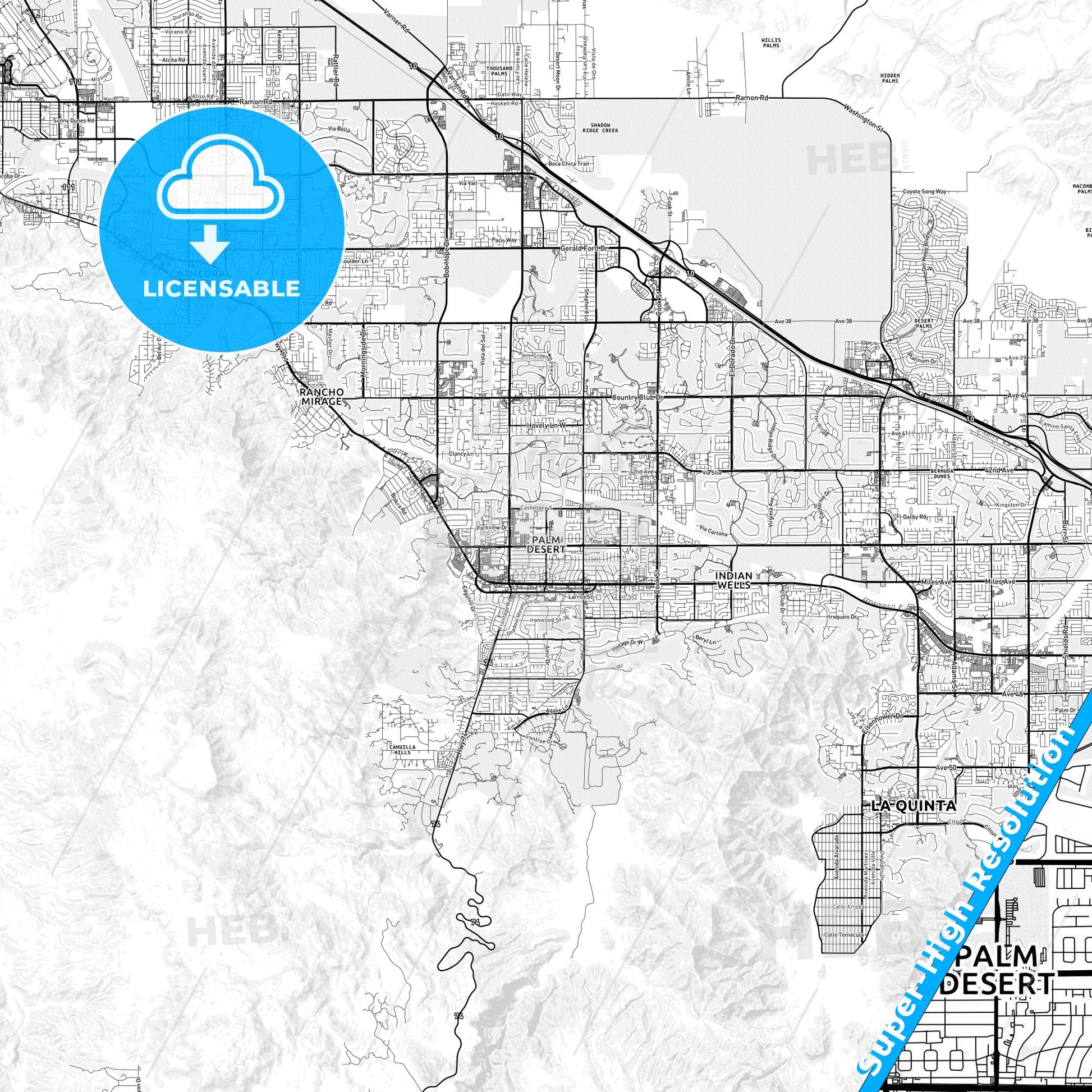 Palm Desert, California light map with streetnames, citynames and districts