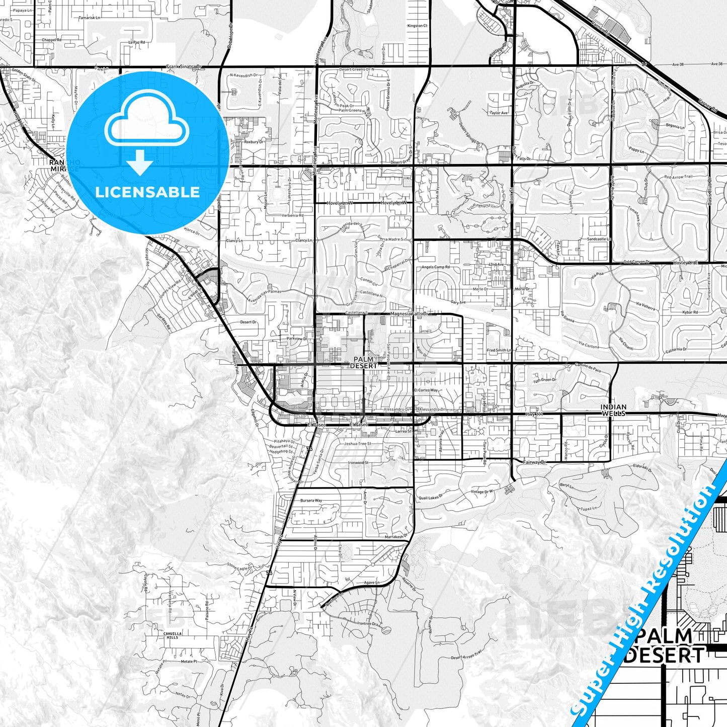 Palm Desert, California Light Map with Street Names, City Names, and Districts