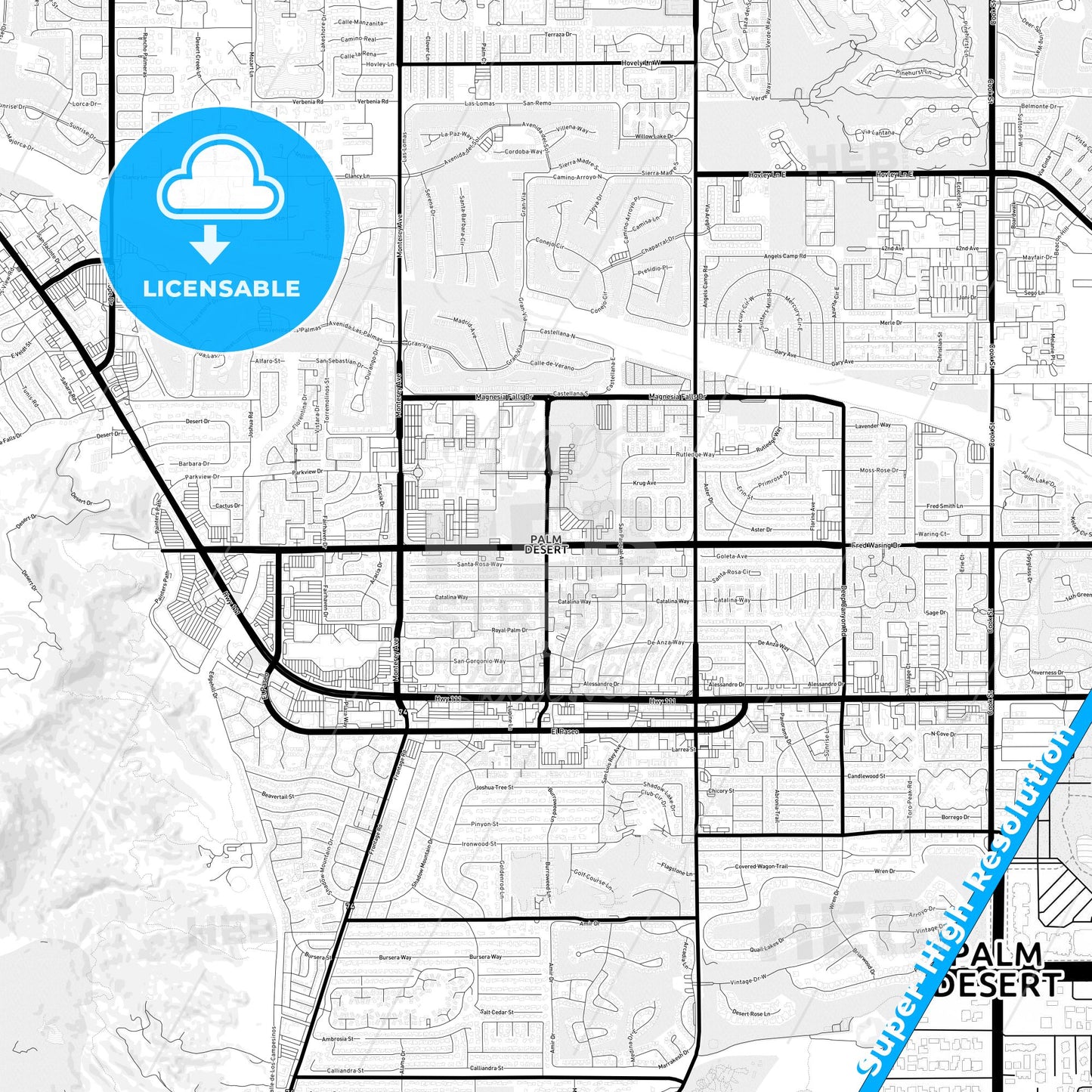 Palm Desert, California Light Map with Street Names, City Names, and Districts