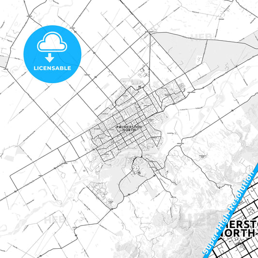 Palmerston North, New Zealand light map with streetnames, citynames and districts