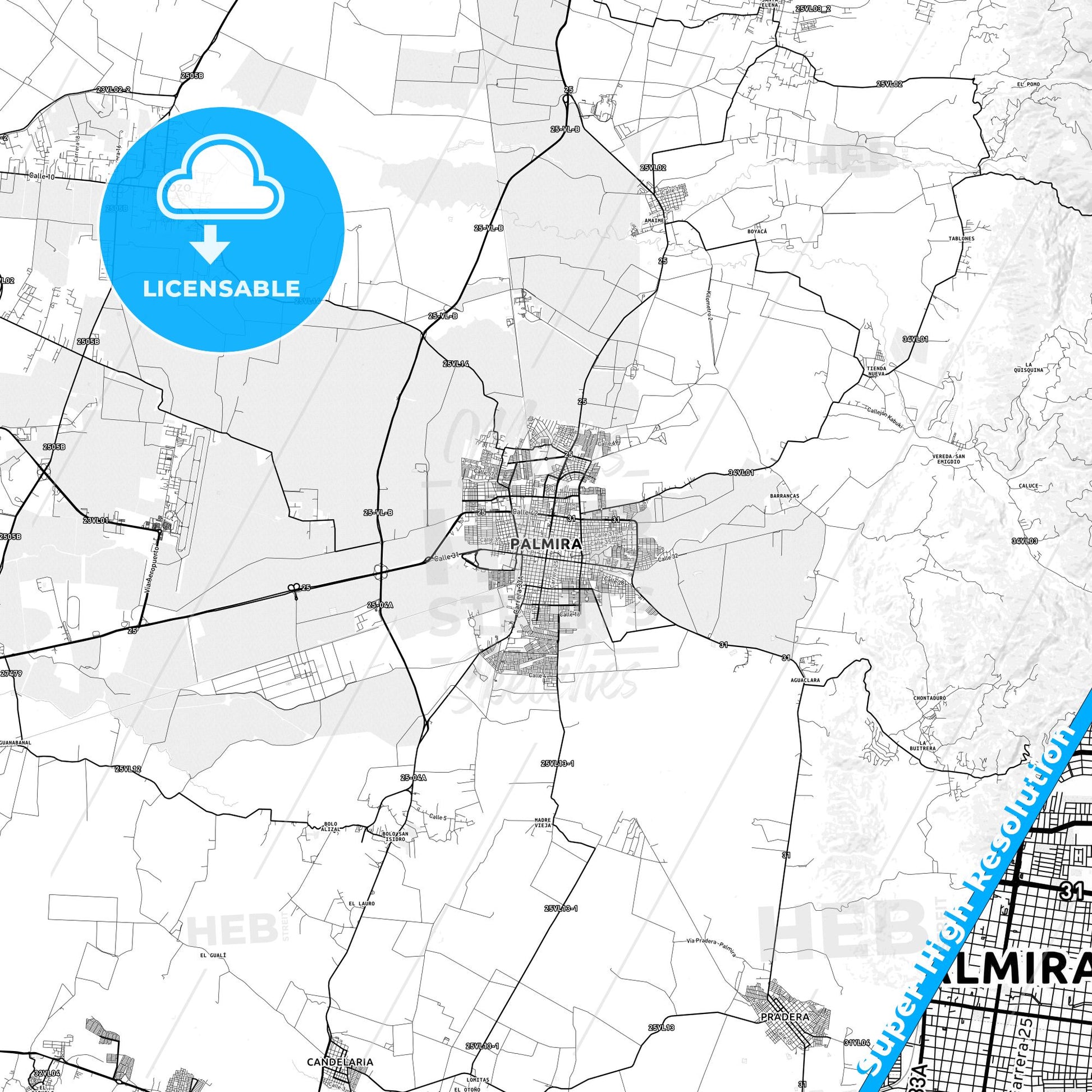 Palmira, Colombia light map with streetnames, citynames and districts