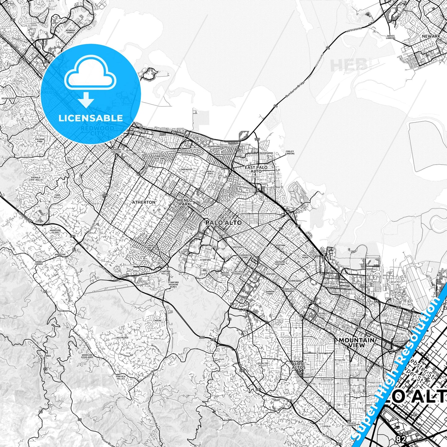 Palo Alto, California light map with streetnames, citynames and districts